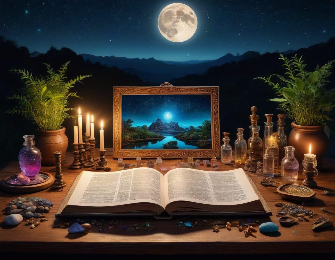 A mystical alchemical scene featuring an ancient wooden alchemist's table with various transmutation tools, crystal vials glowing with ethereal light, and a large, open book filled with esoteric symbols. In the background, a vibrant night sky full of stars and a prominent full moon casting a magical glow. Incorporate elements of nature like plants and stones, symbolizing connection to the earth. The atmosphere should feel enigmatic and transformative. super-realistic. vibrant colors. mystical ambiance.