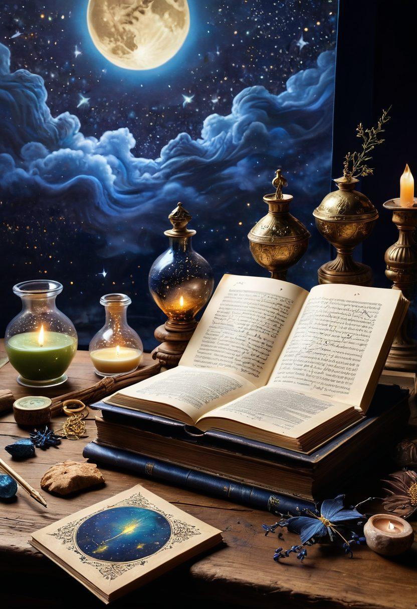 A surreal landscape depicting an ancient alchemist's workshop filled with mystical symbols, glowing potions, and aged parchments. In the background, a celestial sky features constellations representing transformation and wisdom. An open book reveals secrets of alchemy, with an ethereal spirit guiding the way. Vibrant colors and intricate details bring the scene to life. painting. vibrant colors. mystical atmosphere.