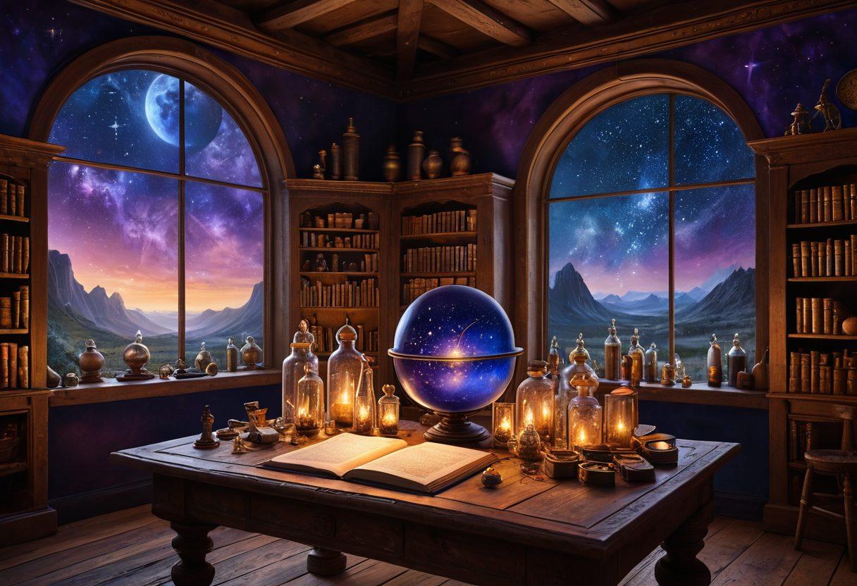 A mystical landscape depicting an ancient alchemist's workshop illuminated by ethereal light, filled with glass vials, ancient tomes, and celestial maps. In the backdrop, a starry night sky merging with an ornate celestial globe, symbolizing the connection between alchemy and astrology. Subtle magical glowing symbols float around, representing esoteric knowledge and spiritual transformation. The color palette is rich with deep blues, golds, and soft purples to evoke a sense of wonder and mystery. painting. vibrant colors.